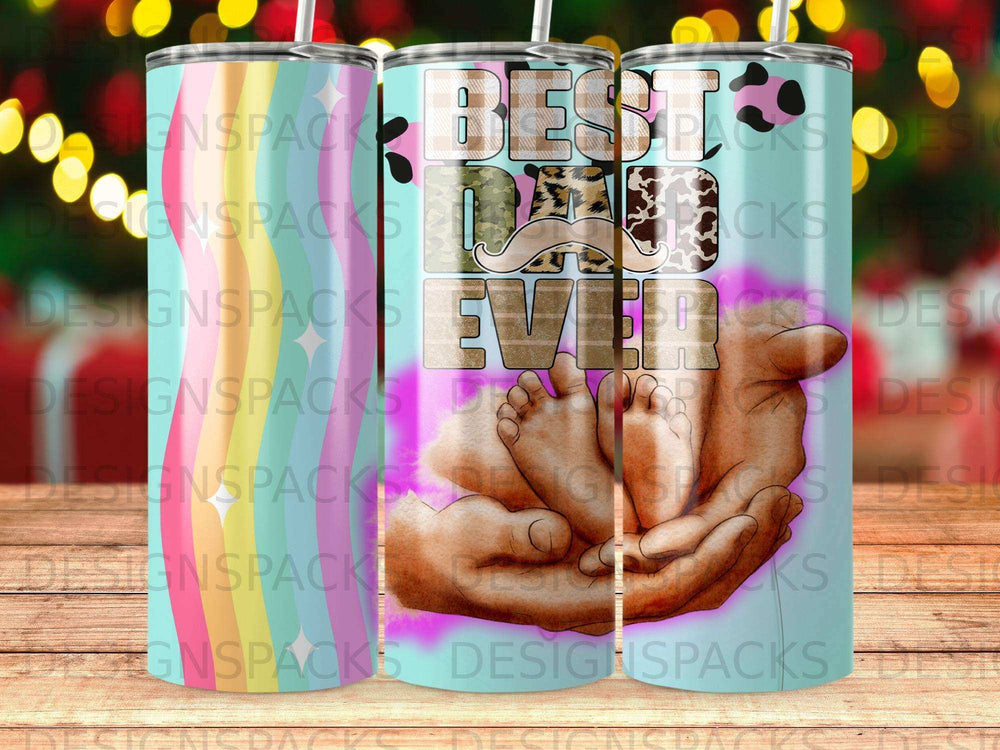Tumbler with "Best Dad Ever" text and baby feet illustration on a colorful background.