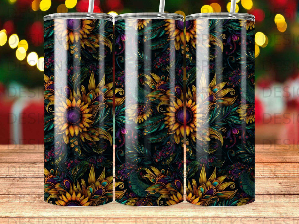 Seamless pattern of dark sunflowers and vines with iridescent accents.
