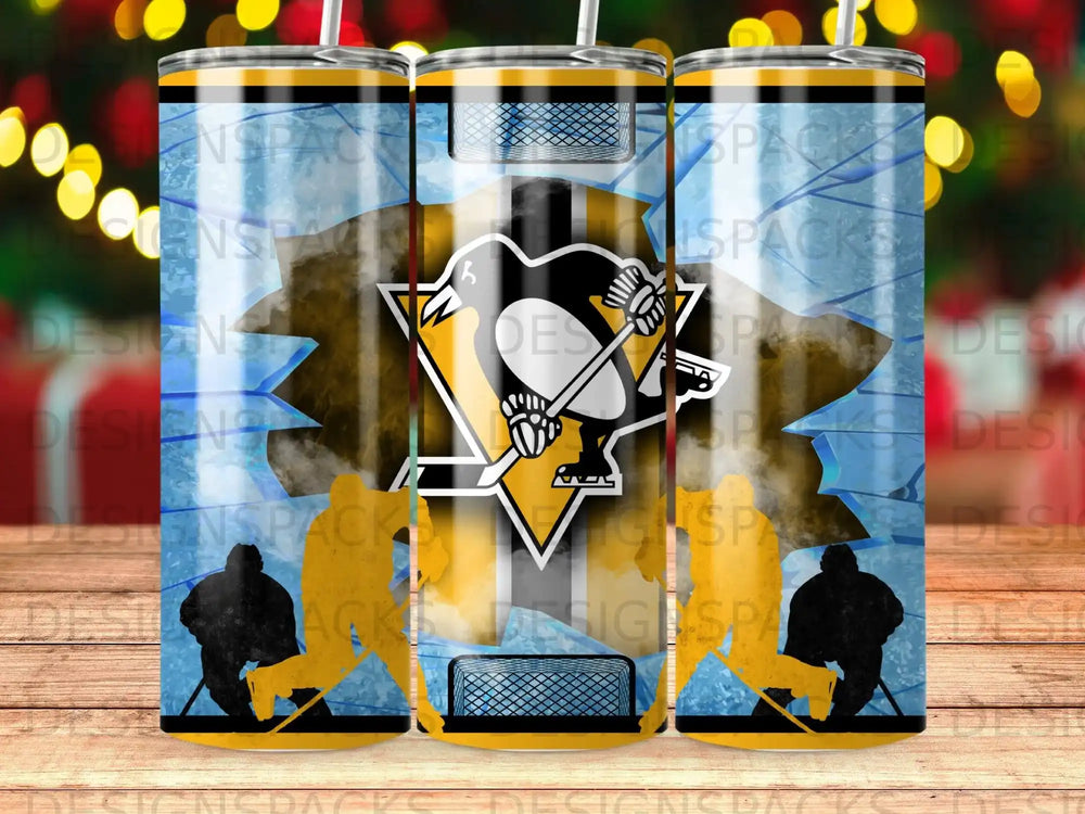 Pittsburgh Penguins hockey tumbler with shattered ice and player silhouettes.