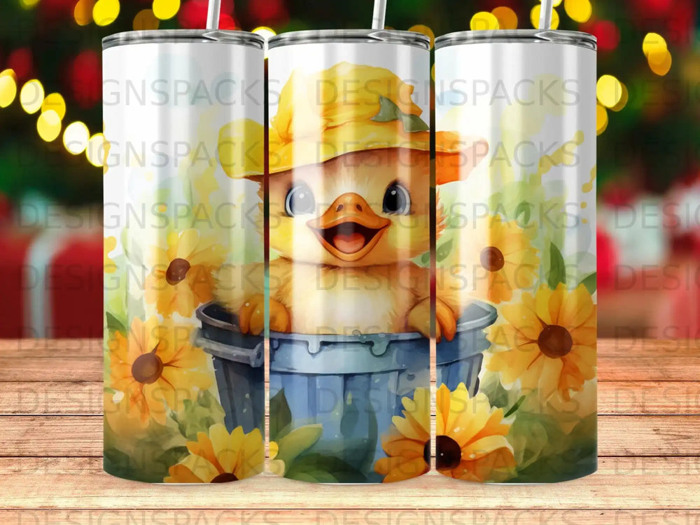 Cute chick in a bucket with sunflowers.