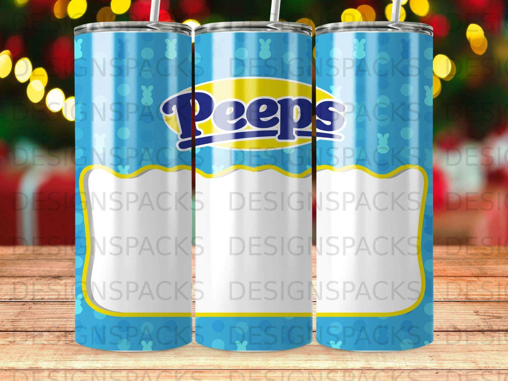 Blue tumbler with colorful Peeps marshmallow candies and repeating logo.
