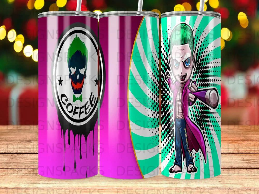 Tumbler with Joker character, coffee logo, and dotted pattern.
