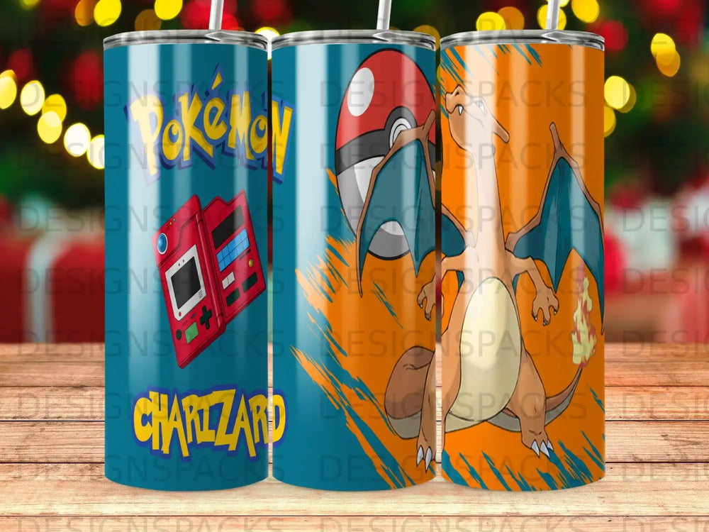 Charizard Pokemon tumbler with Pokeball and flames.
