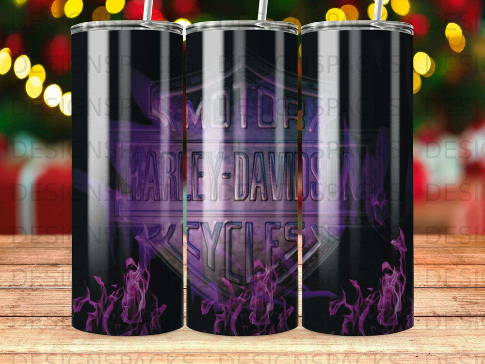 Tumbler with Harley-Davidson logo and purple flames.