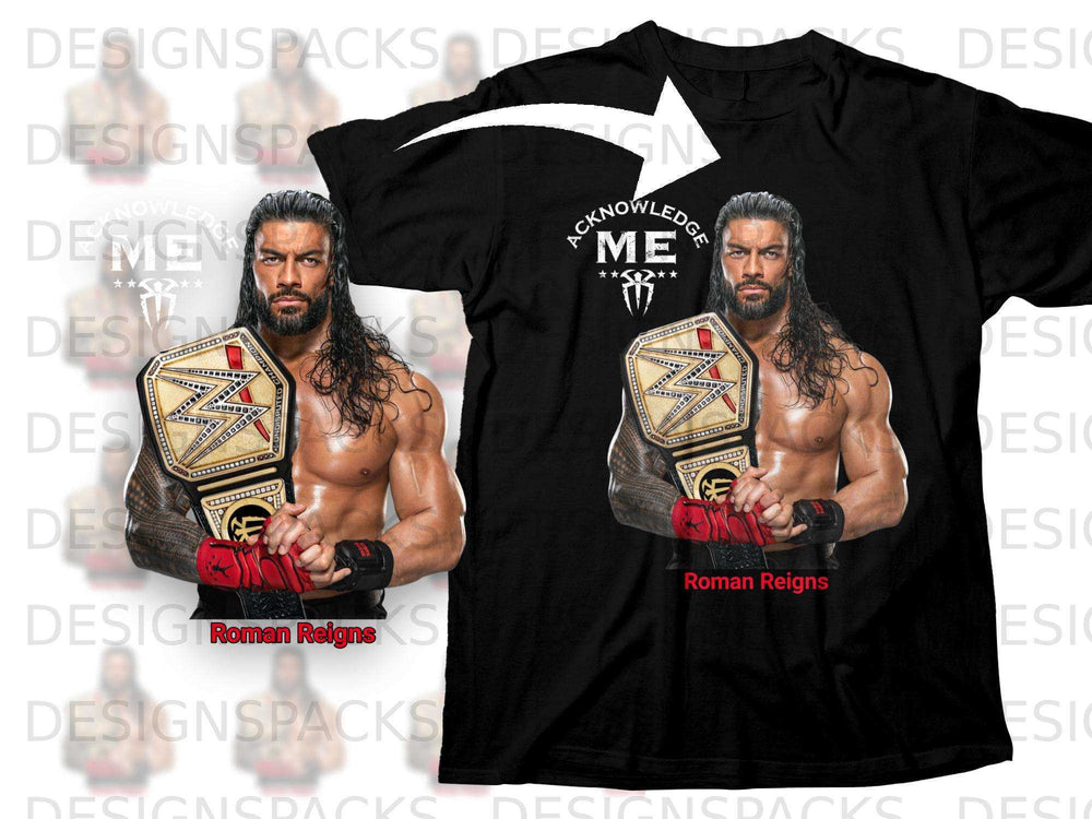 Roman Reigns wearing a championship belt on a black t-shirt.