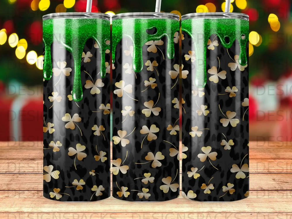 Green glitter drips on black leopard print with gold shamrocks.