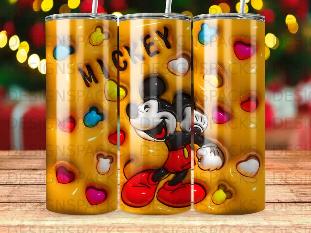 Mickey Mouse on a yellow tumbler with colorful hearts and bokeh lights background.