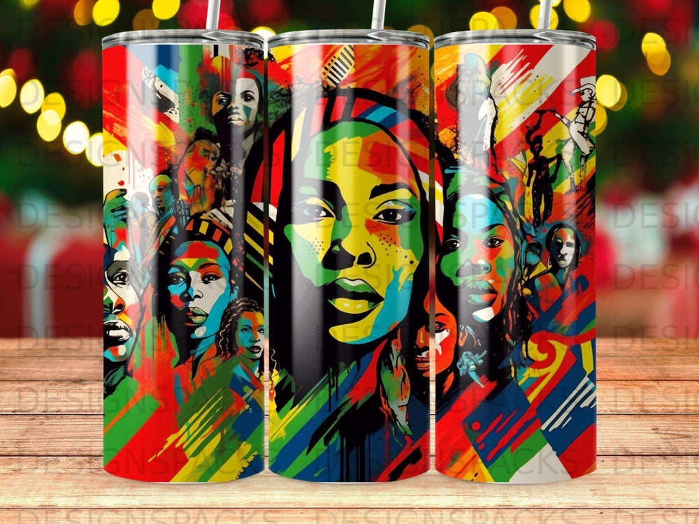 Colorful abstract portrait of a woman with diverse faces in background.