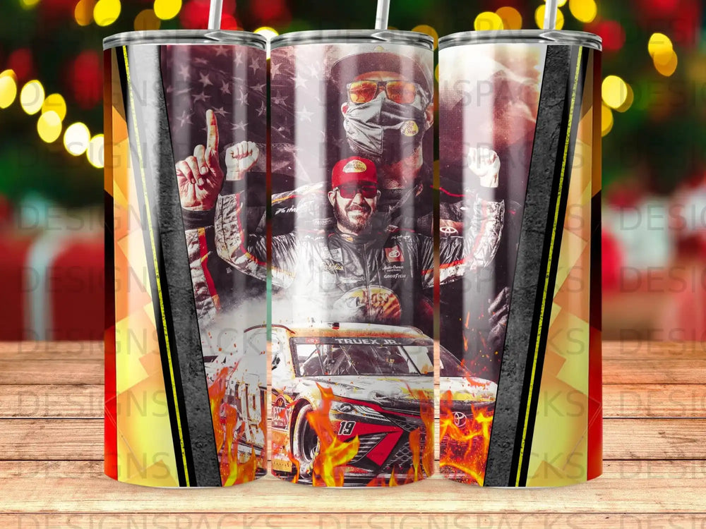 NASCAR driver Martin Truex Jr. celebrating with American flag and race car.
