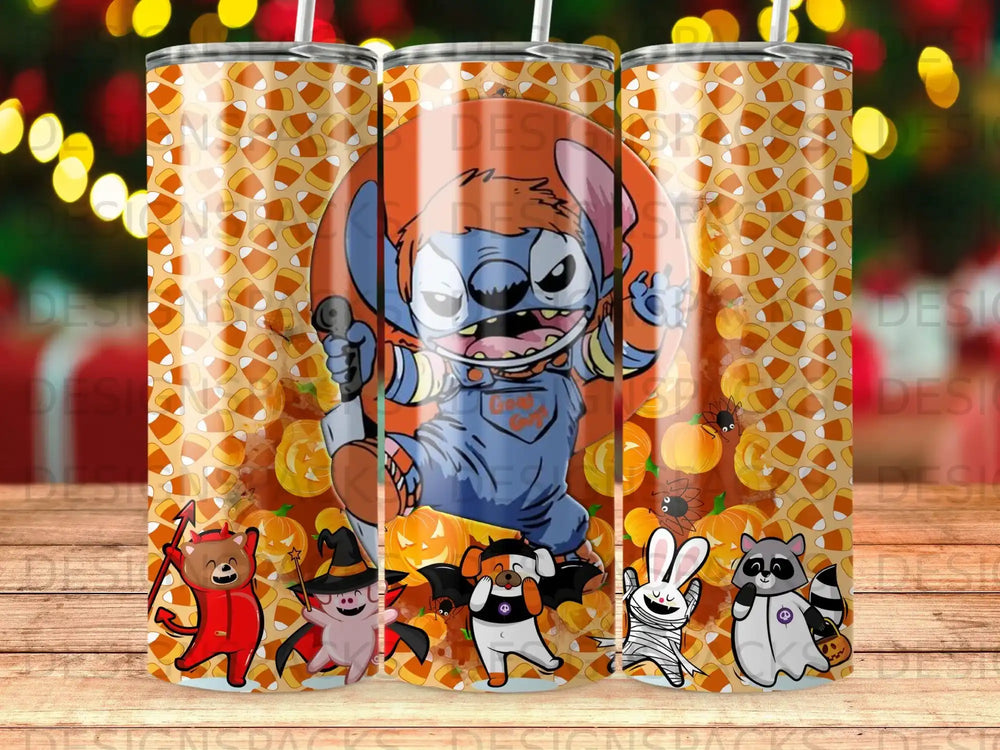 Stitch character with Halloween-themed candy corn and pumpkin background.