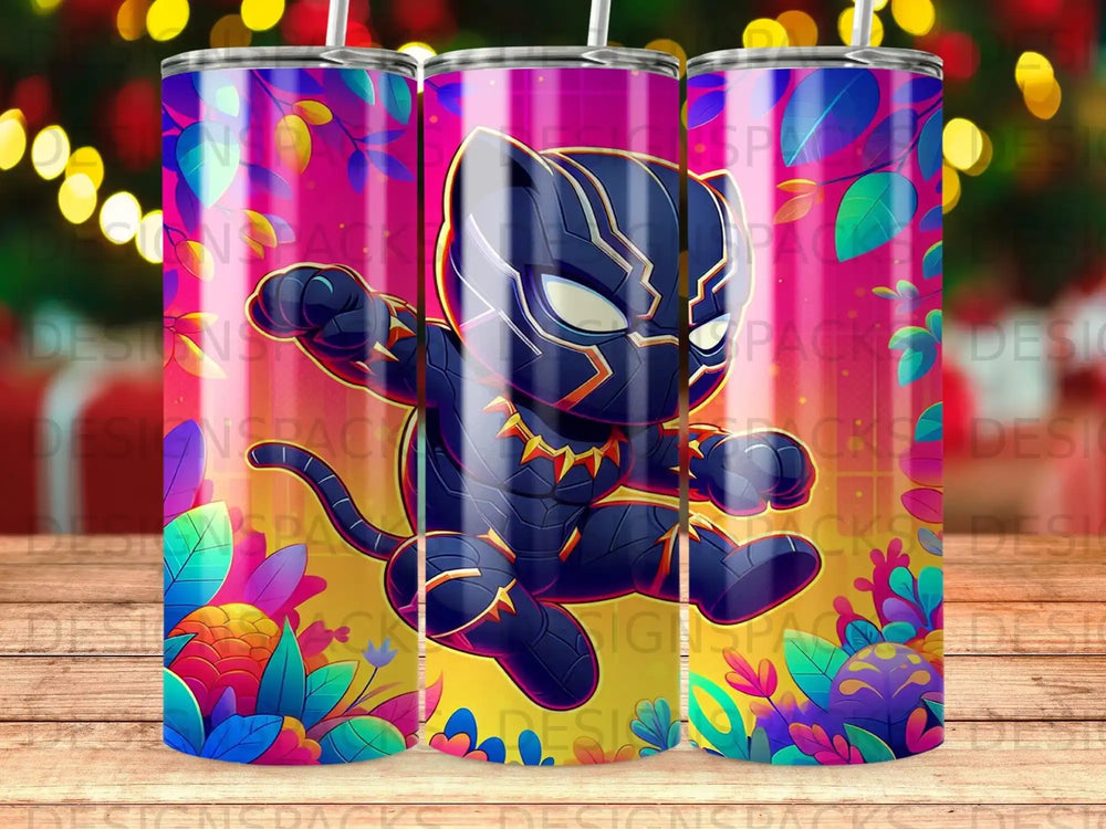 Black Panther mascot in action pose against a vibrant, floral background.
