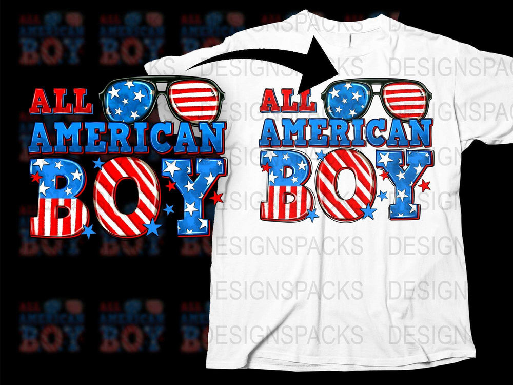 All American Boy T-Shirt Patriotic USA Flag Sunglasses July 4th Independence Day Apparel Unisex