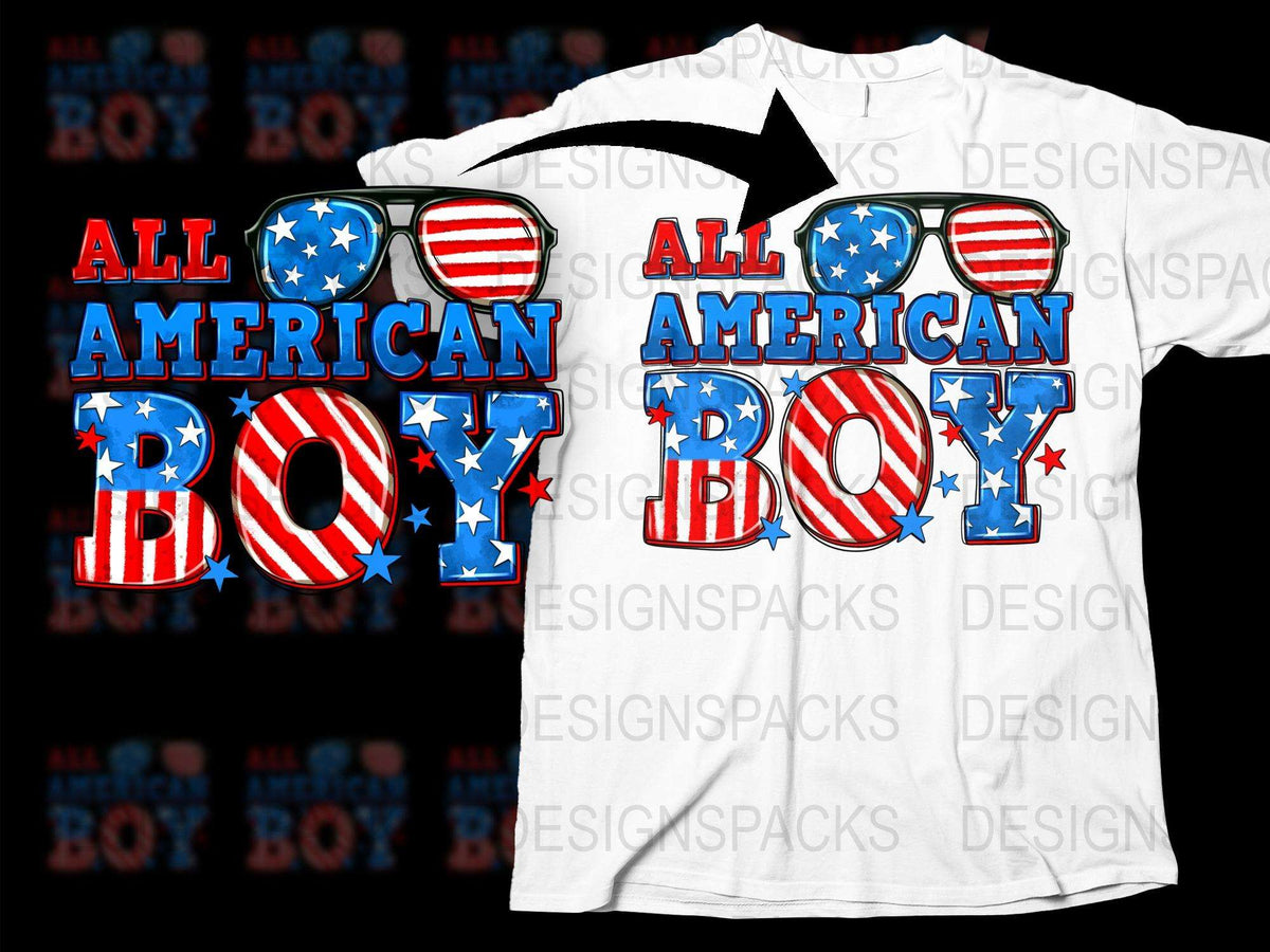 All American Boy T-Shirt Patriotic USA Flag Sunglasses July 4th Independence Day Apparel Unisex