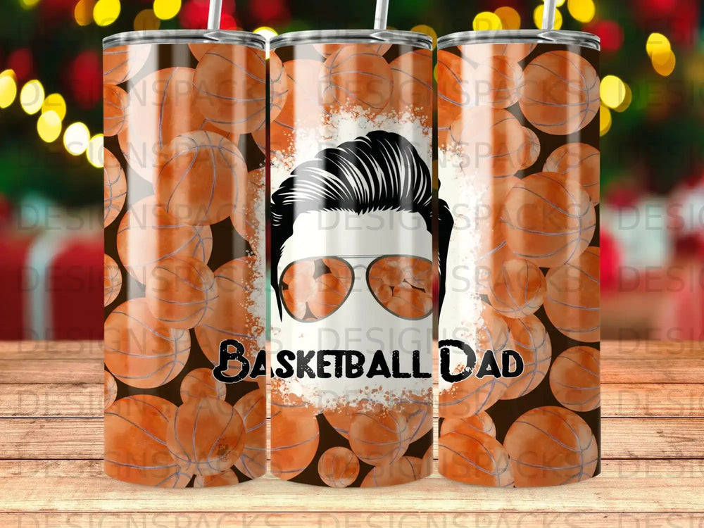 Tumbler with basketball pattern and "Basketball Dad" text.