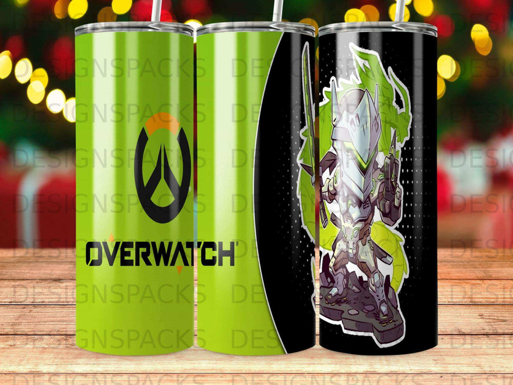 Overwatch logo and character art on three green, black, and white tumblers.