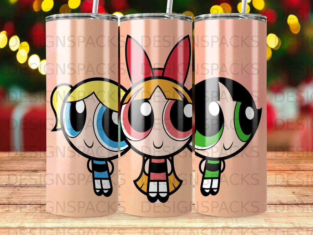 Three Powerpuff Girls on tumblers with watermark overlay.