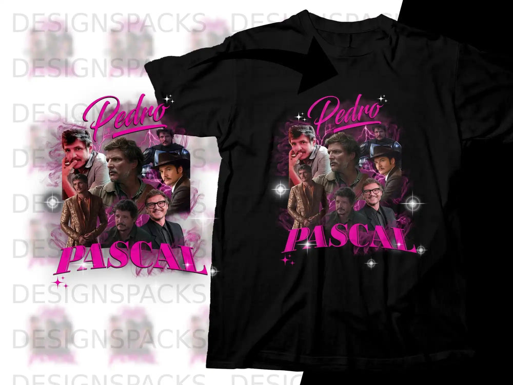 Collage of Pedro Pascal images with "Pedro Pascal" text on a black t-shirt.
