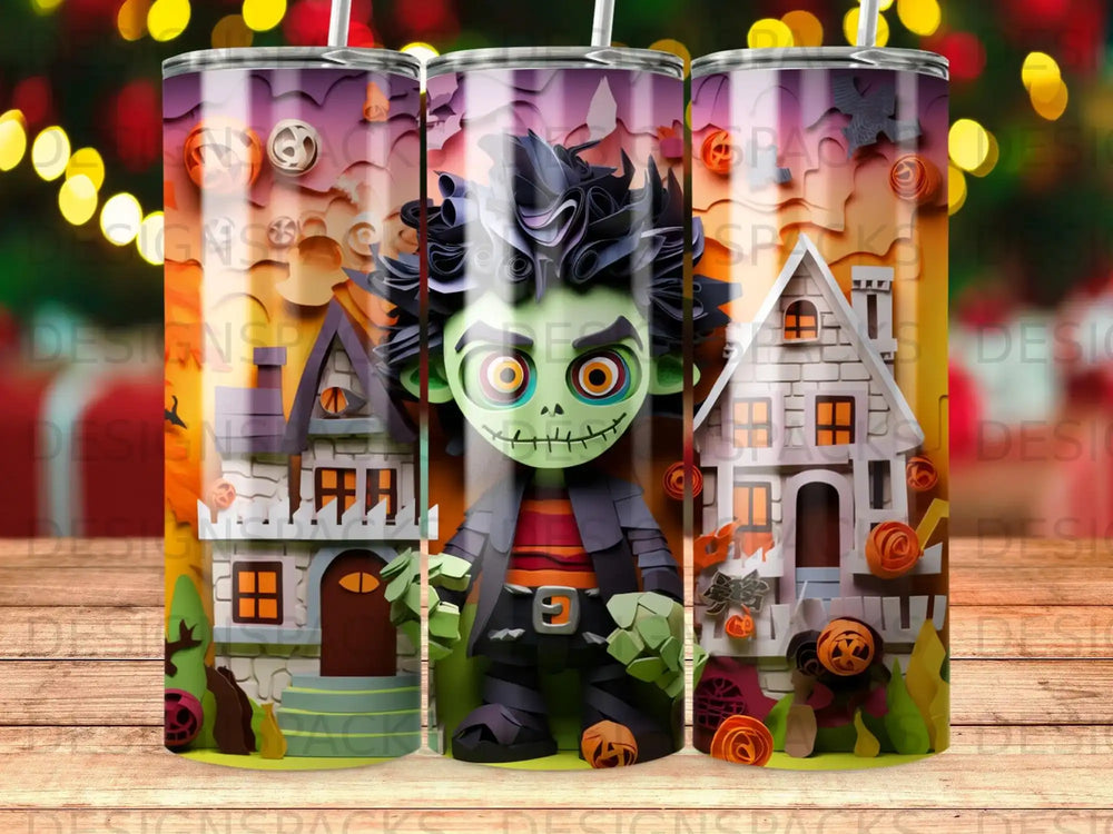 Cartoon monster in front of spooky houses with pumpkins and Halloween decorations.