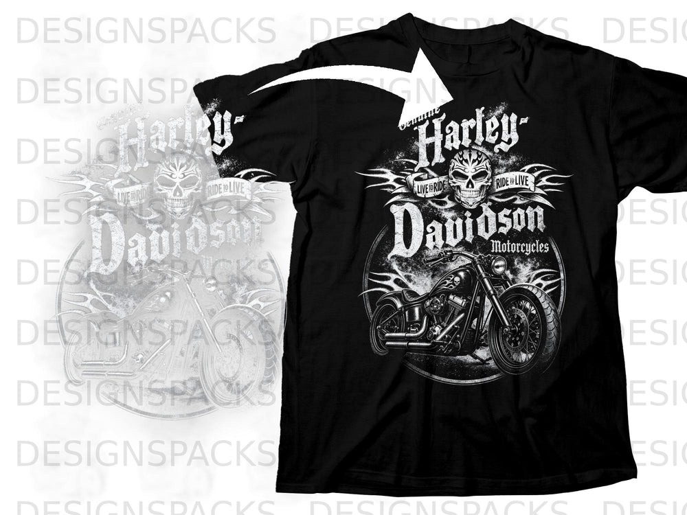 Black t-shirt with Harley-Davidson Motorcycles logo and a motorcycle graphic.