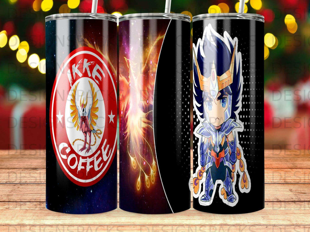 Chibi armored figure and phoenix on a coffee tumbler.