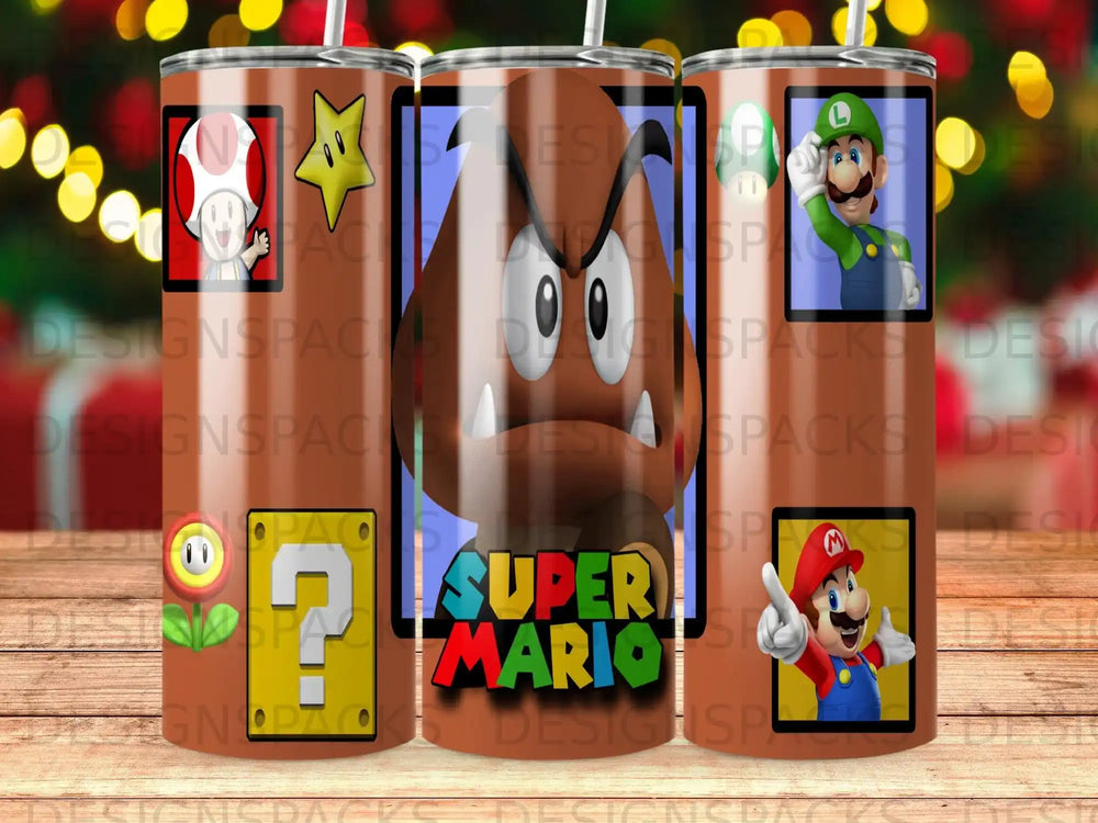 Super Mario characters including Mario, Luigi, and Goomba, on a patterned tumbler.