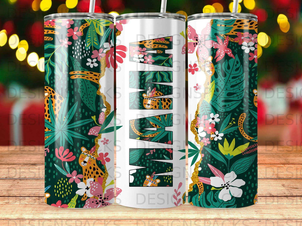Floral and leopard print tumbler with "Mama" text.