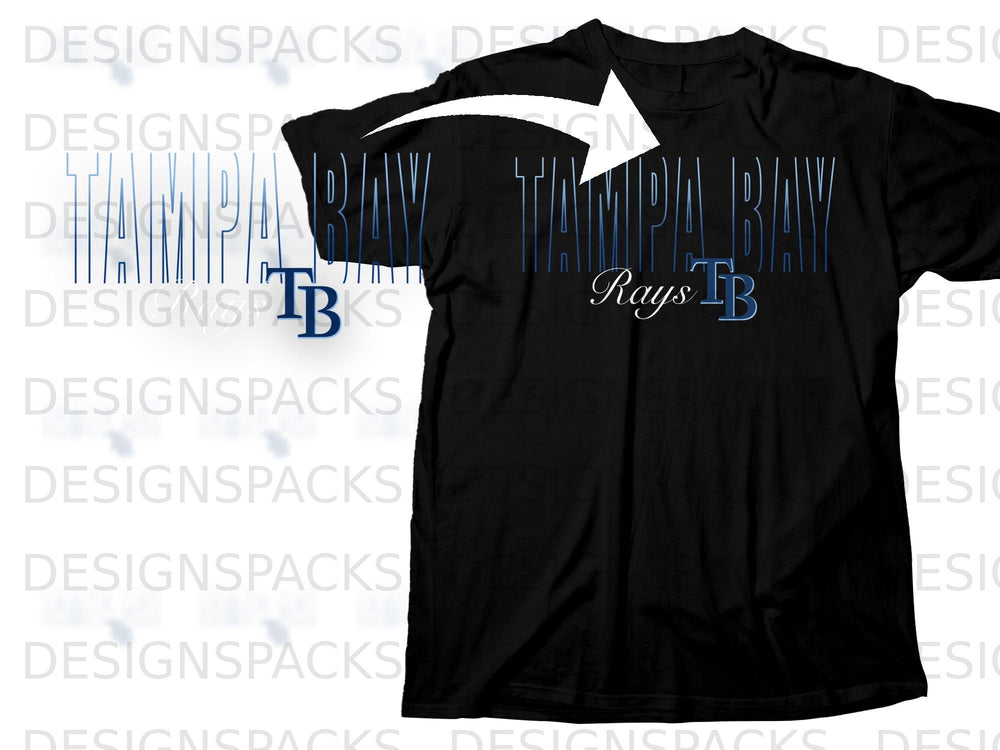 Black t-shirt with "Tampa Bay Rays TB" graphic and white arrow overlay.
