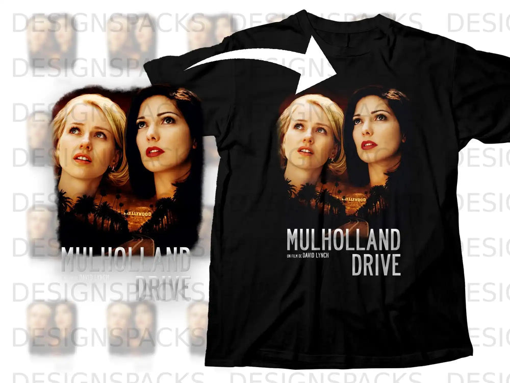 Black t-shirt with "Mulholland Drive" movie poster featuring two women.