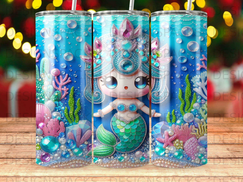 Mermaid with ornate crown and shell decorations on seabed background.