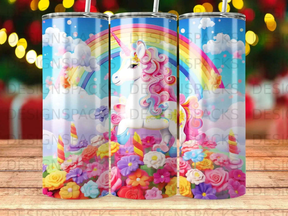 Unicorn with rainbow mane and flowers on a tumbler.