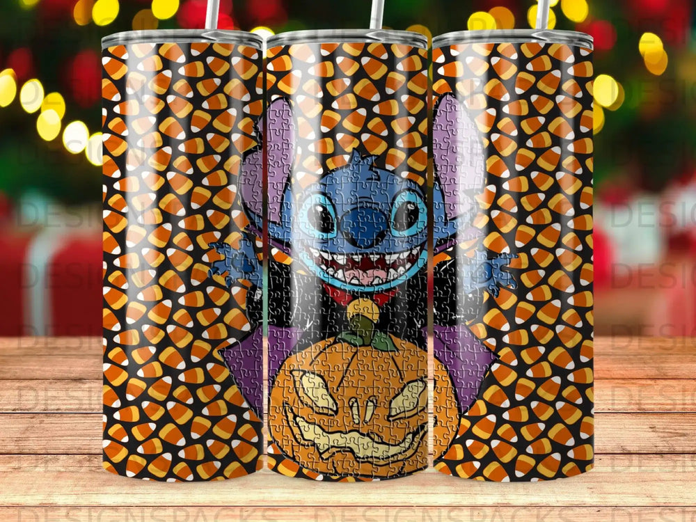Stitch in a vampire costume holding a jack-o'-lantern with candy corn background.