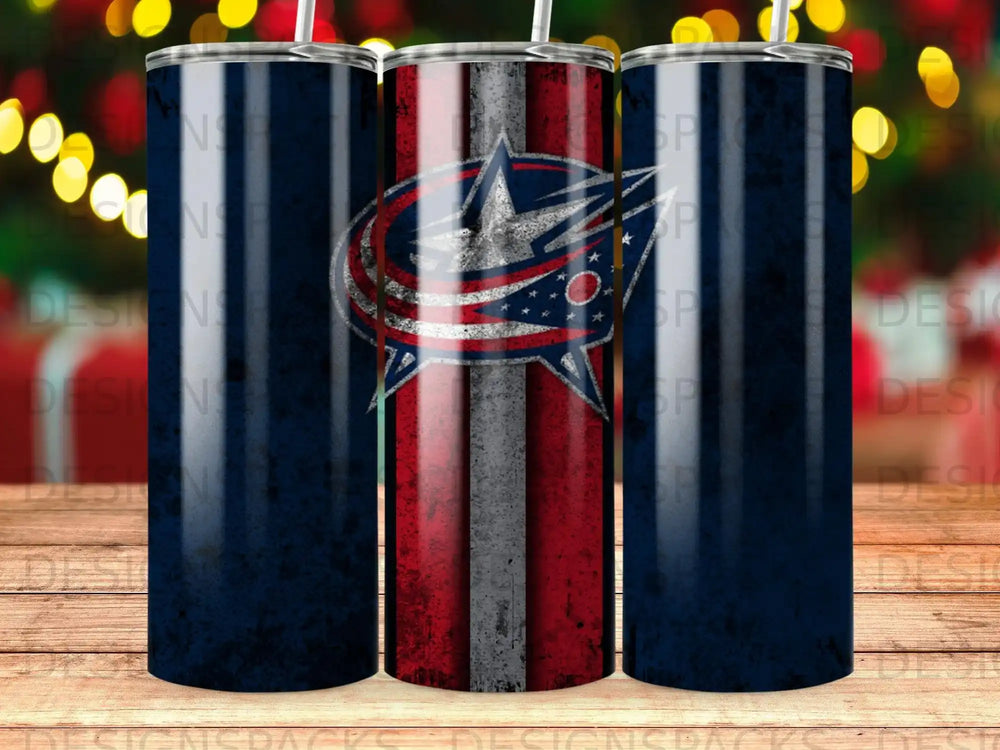 Columbus Blue Jackets logo on a dark blue textured tumbler with distressed American flag stripes.