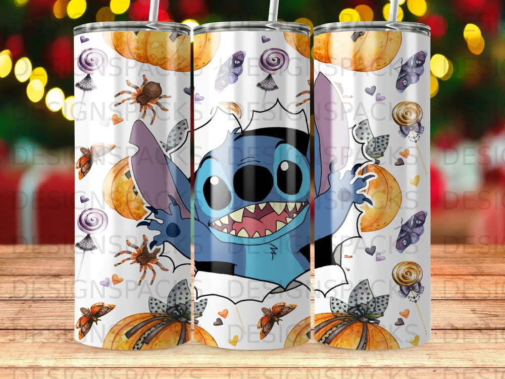 Stitch bursting through a web with pumpkins, spiders, and candy corn.