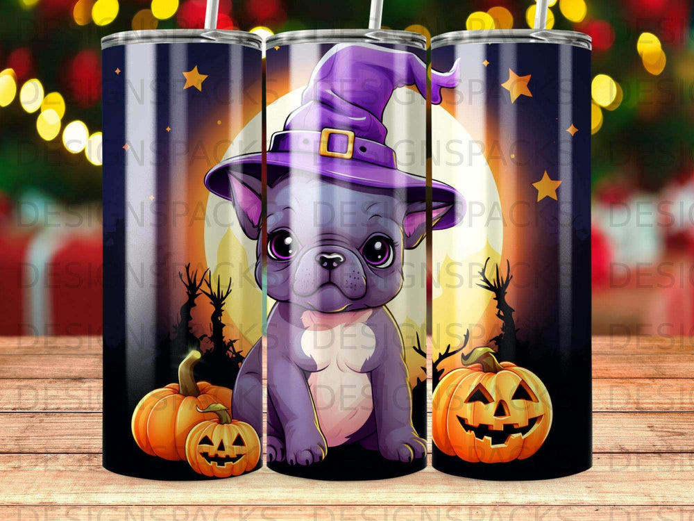 Purple French bulldog in witch hat with pumpkins and stars.