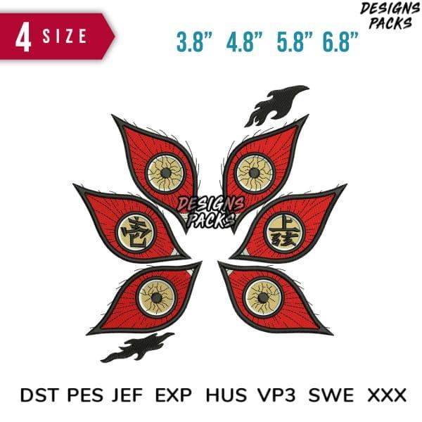 Red floral embroidery design with eyes and Chinese characters, available in multiple sizes and formats