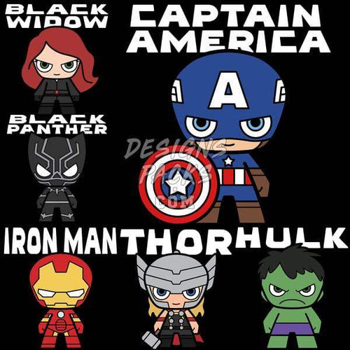 Cute chibi Marvel superheroes: Captain America, Iron Man, Thor, Hulk, Black Widow, Black Panther — print-ready designs