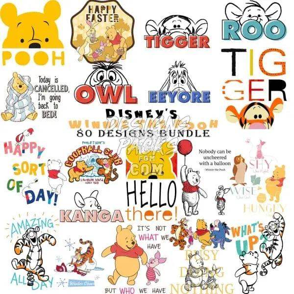 Winnie the Pooh, Tigger, Eeyore & Owl designs bundle for DTF, DTG, embroidery – print-ready PNG, SVG, PES