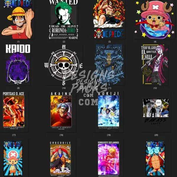 One Piece anime character designs for DTF, DTG, embroidery, and tumbler wraps, print-ready PNG, SVG, PES
