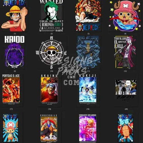 One Piece anime character designs for DTF, DTG, embroidery, and tumbler wraps, print-ready PNG, SVG, PES