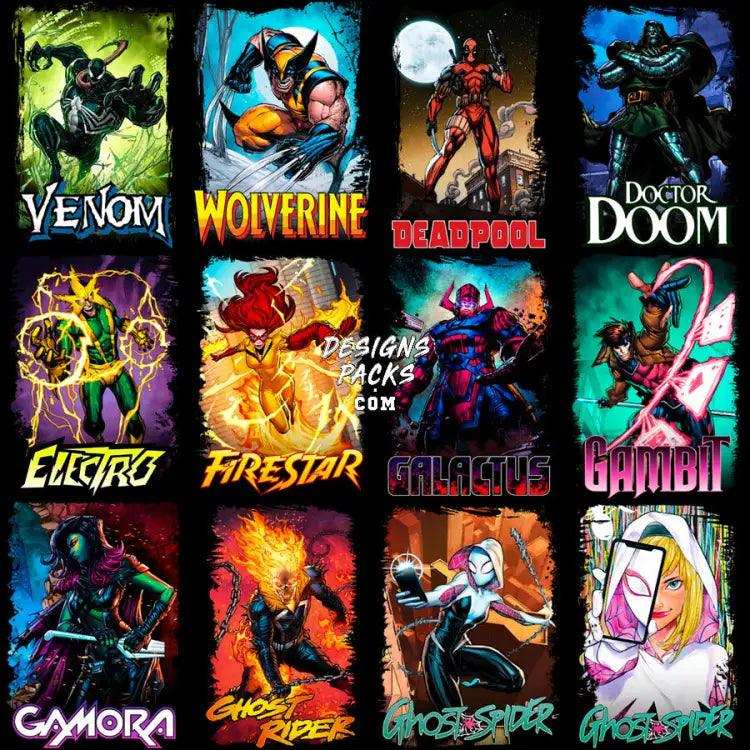 60 Comics Superheroes & Villains Halftone Designs Bundle Png