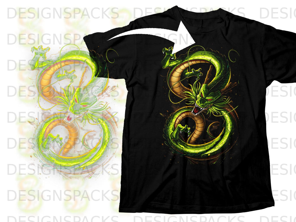 Black t-shirt featuring a coiled green dragon design with gold accents.
