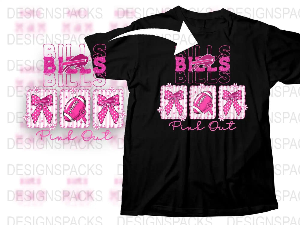 Pink Out Bills Bow T-Shirt, Rhinestone Football Design, Women's Graphic Tee, Sports Event Apparel, Fan Gift Idea