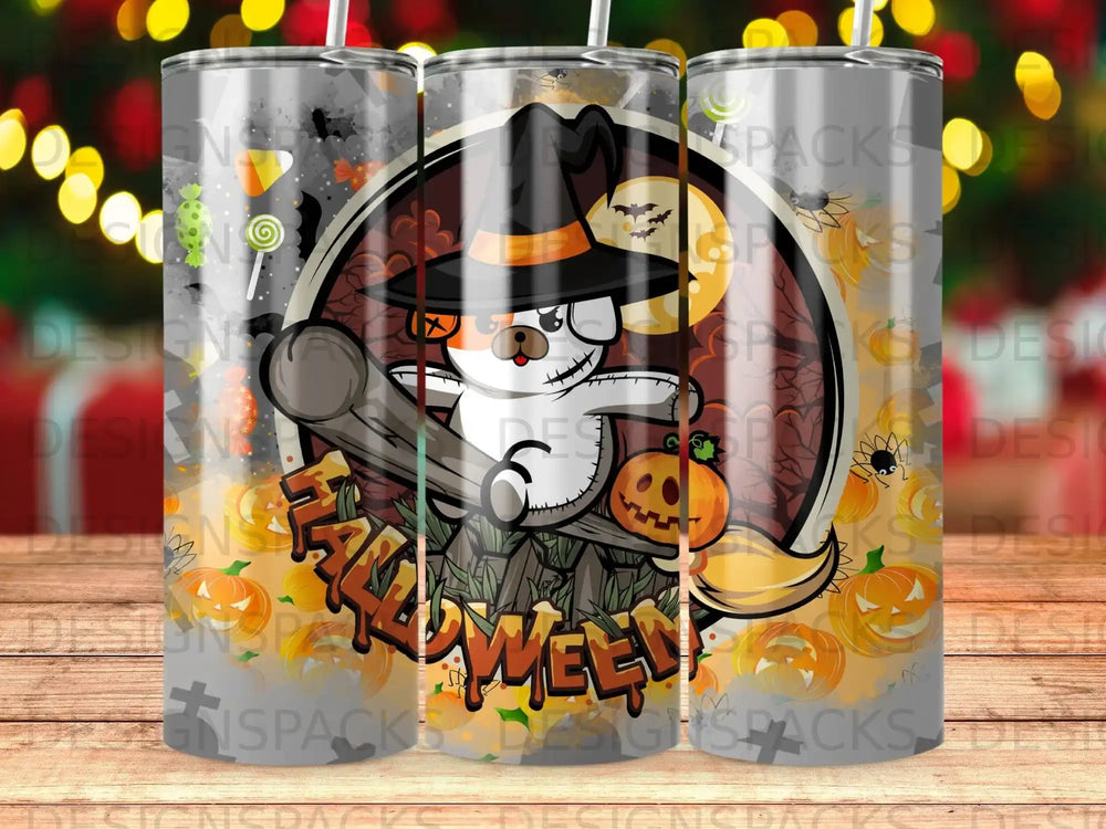 Halloween-themed tumbler with a cartoon ghost dog and pumpkins.