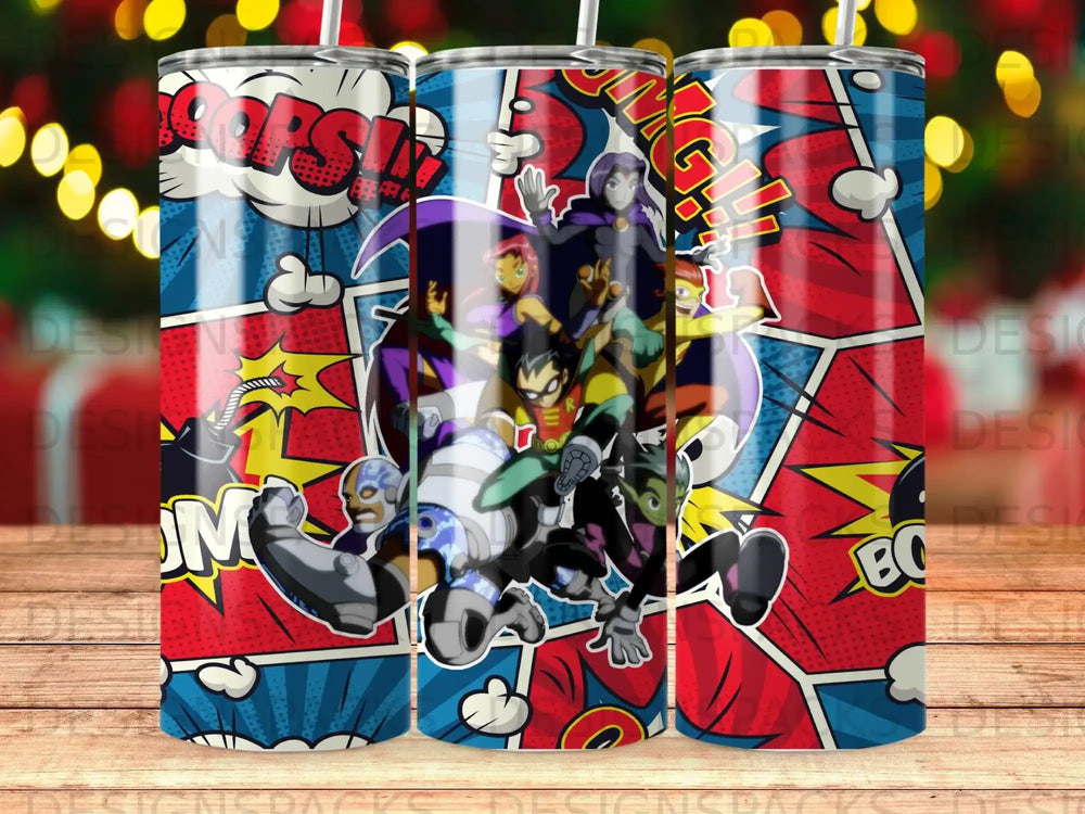 Teen Titans characters in comic book style art on a tumbler wrap.