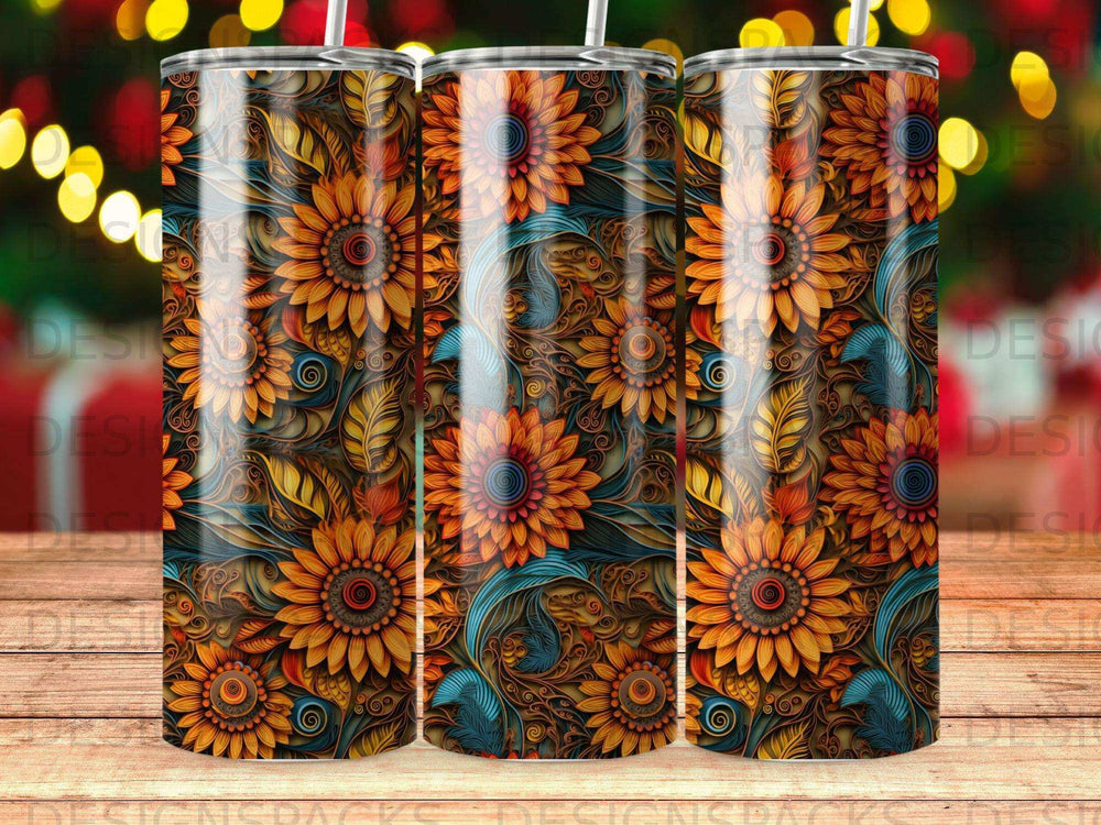 Sunflower pattern on a tumbler with a straw, presented in a tiled arrangement.