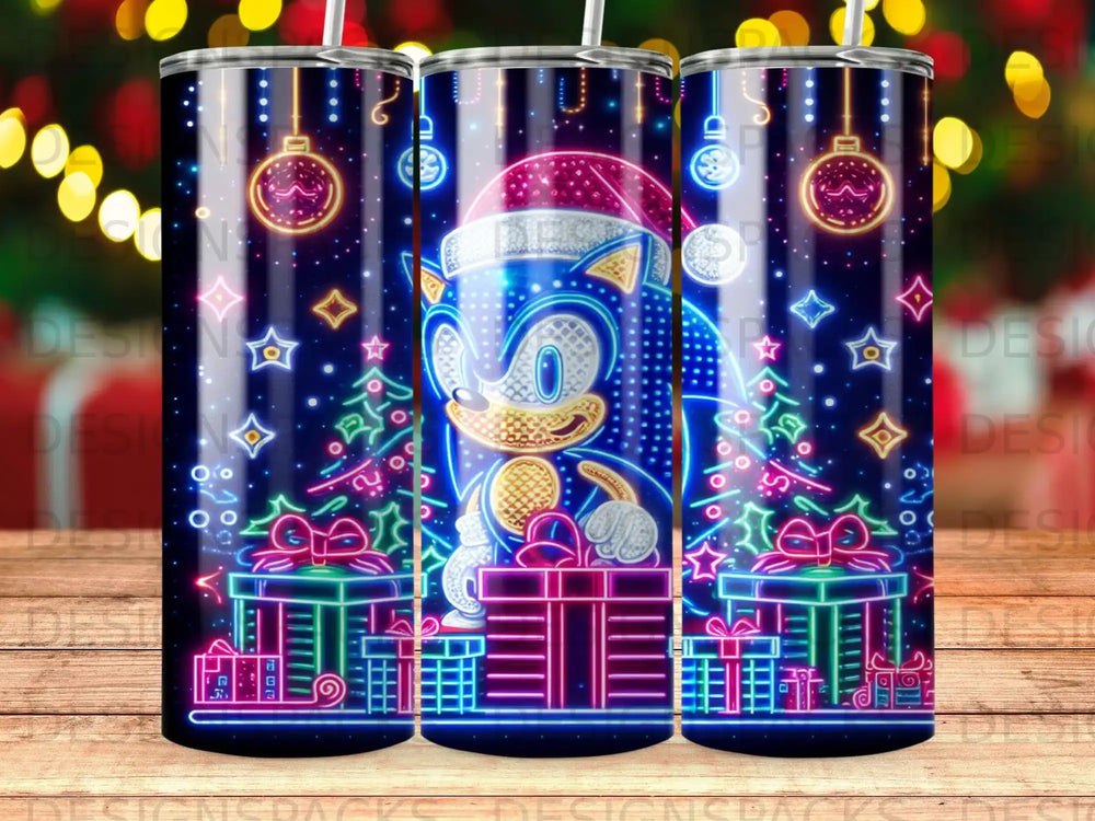Sonic the Hedgehog in Santa hat with gifts and Christmas lights.