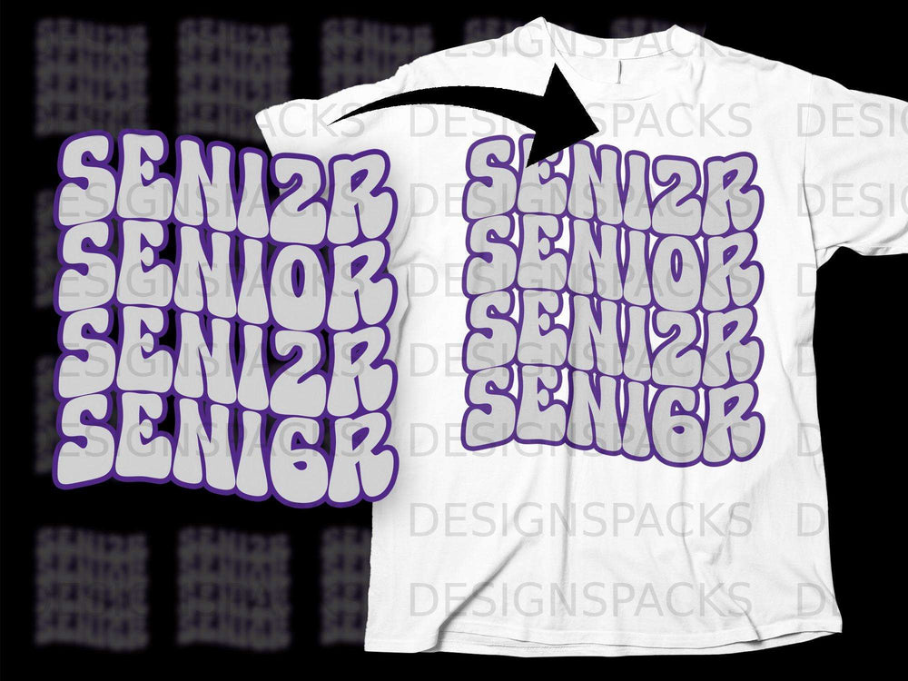 White t-shirt with "SENIOR" repeated in a groovy font with purple outline.