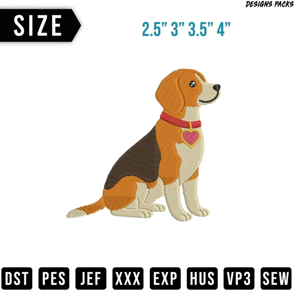 Beagle dog illustration with sizes and embroidery file types.