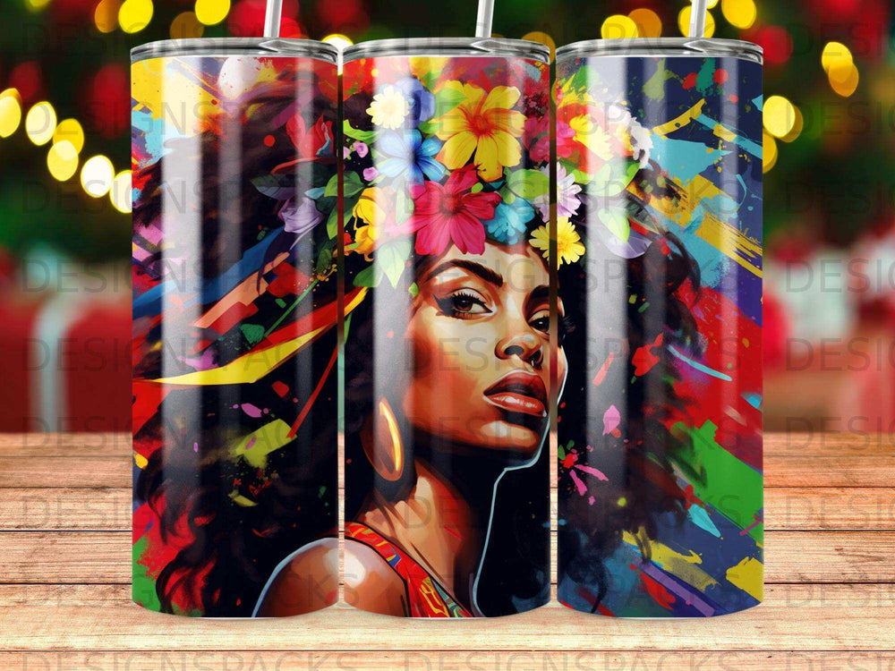 Woman with colorful floral headdress and abstract background on a tumbler.