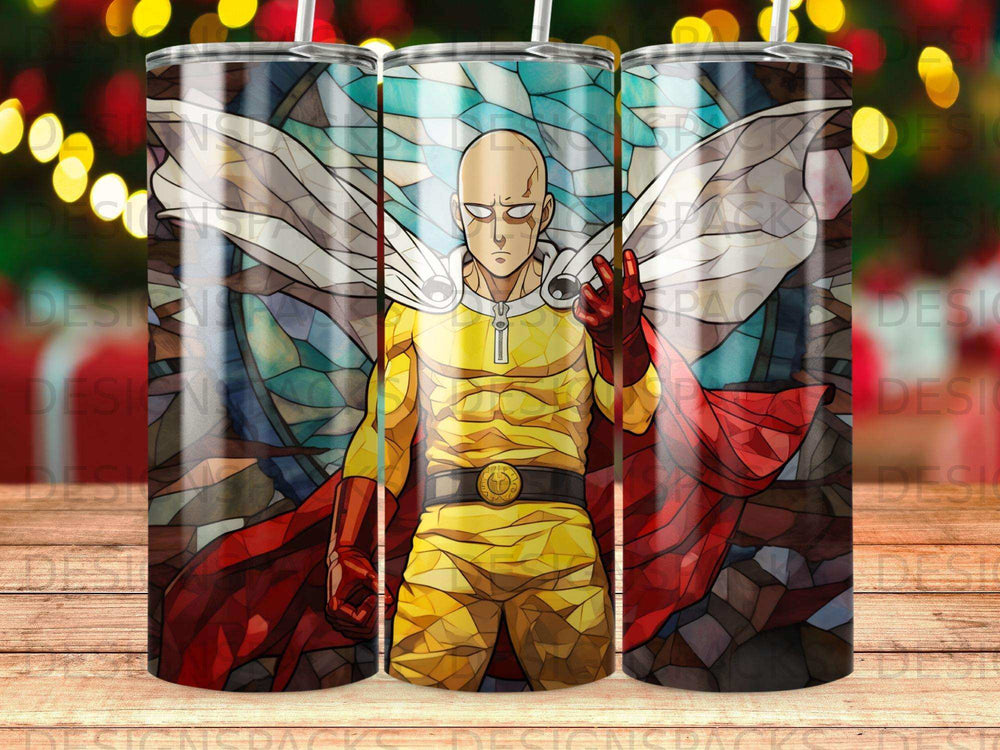 Saitama from One-Punch Man in a stained-glass style with a red cape.
